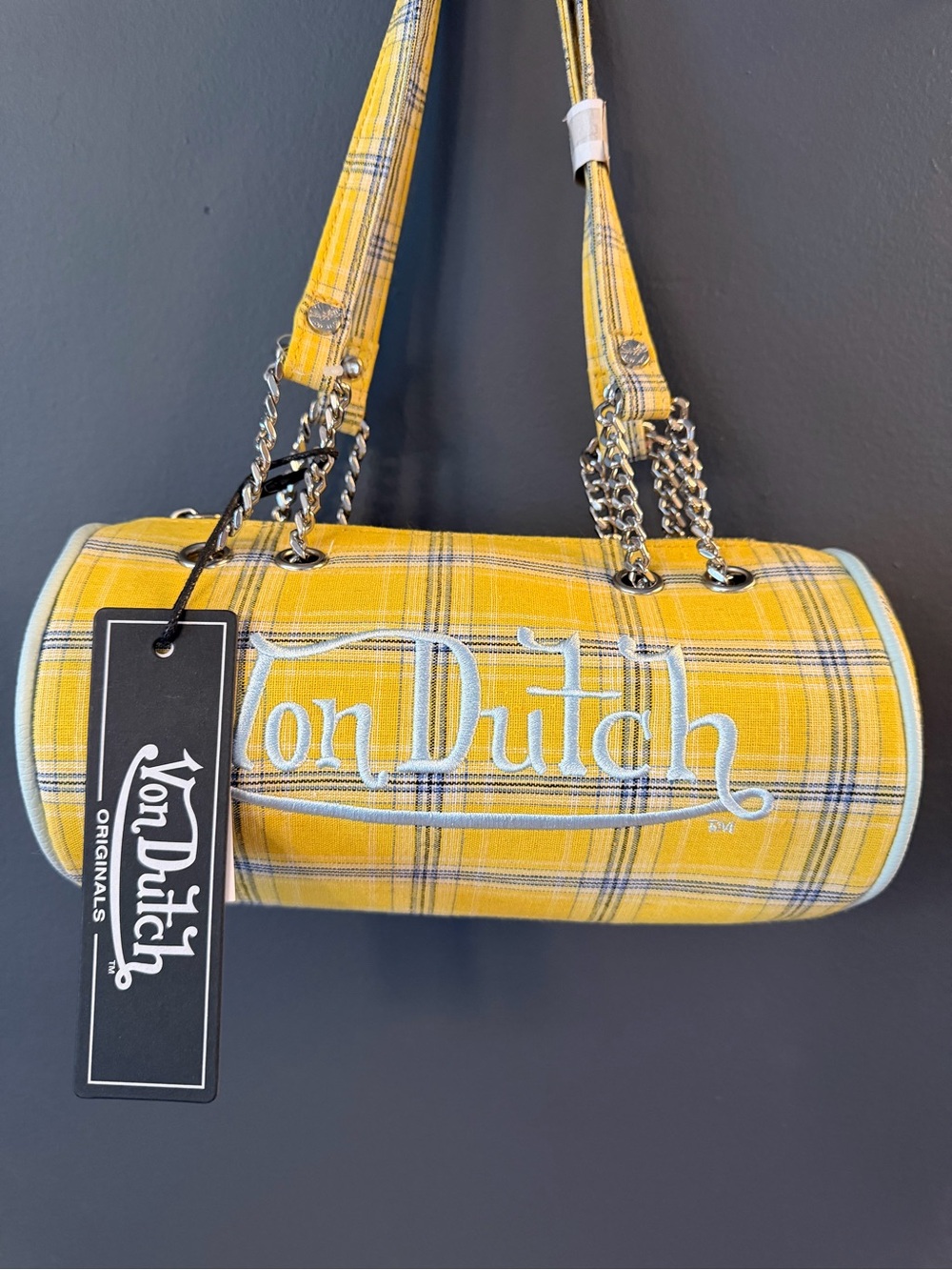 Von Dutch Yellow Plaid Barrel Shoulder Bag